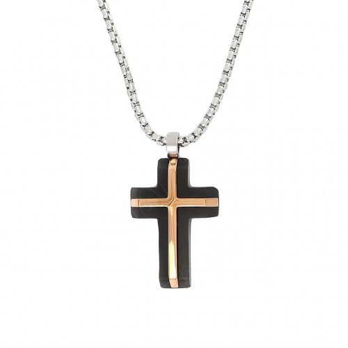 ΑΝΔΡΙΚΟ ΚΟΛΙΕ ΣΤΑΥΡΟΣ ΔΙΧΡΩΜΟΣ ΜΕ ΑΛΥΣΙΔΑ ΑΤΣΑΛΙ 316L ΜΑΥΡΟ-ROSE GOLD HC9638