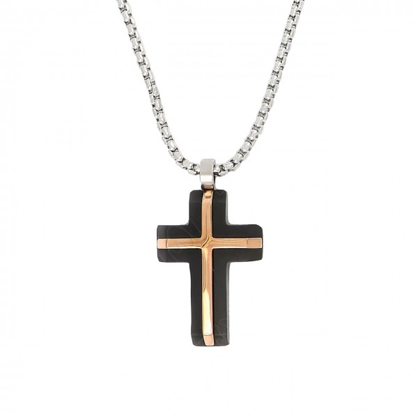 ΑΝΔΡΙΚΟ ΚΟΛΙΕ ΣΤΑΥΡΟΣ ΔΙΧΡΩΜΟΣ ΜΕ ΑΛΥΣΙΔΑ ΑΤΣΑΛΙ 316L ΜΑΥΡΟ-ROSE GOLD HC9638